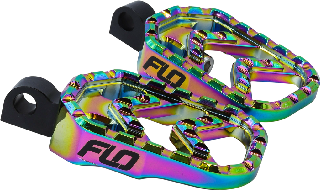Flo Motorsports Savage Series footpegs for jet fuel motorcycle controls, showing textured metal surface and mounting hardware.