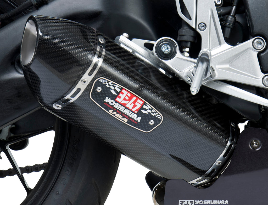 Yoshimura Race R-77 slip-on exhaust with stainless steel and carbon fiber end caps, showcasing sleek design and branding.