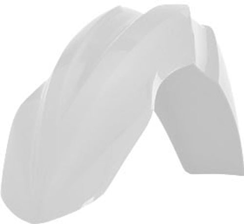 Acerbis front fender in white, designed for motorcycle or dirt bike, showing its curved plastic shape and mounting points.