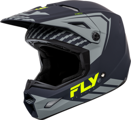 Fly Racing Youth Kinetic Menace helmet in matte grey and hi-vis, featuring sleek design and ventilation for young riders.