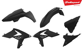 Polisport Plastics black plastic body kit with multiple panels and mounting points, designed for motorcycle customization.