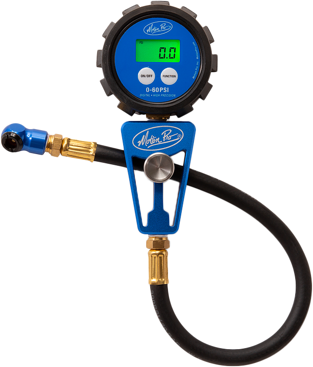 Motion Pro digital tire gauge showing 60 psi, with a digital display and compact design for motorcycle and vehicle tire pressure measurement.