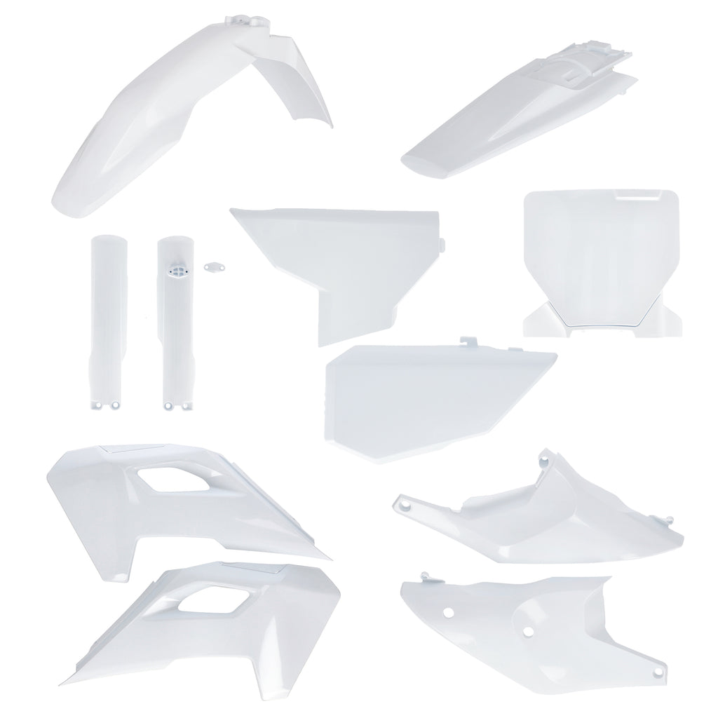 Acerbis full white plastic body kit for Husqvarna motorcycle, includes various panels and covers for body customization.