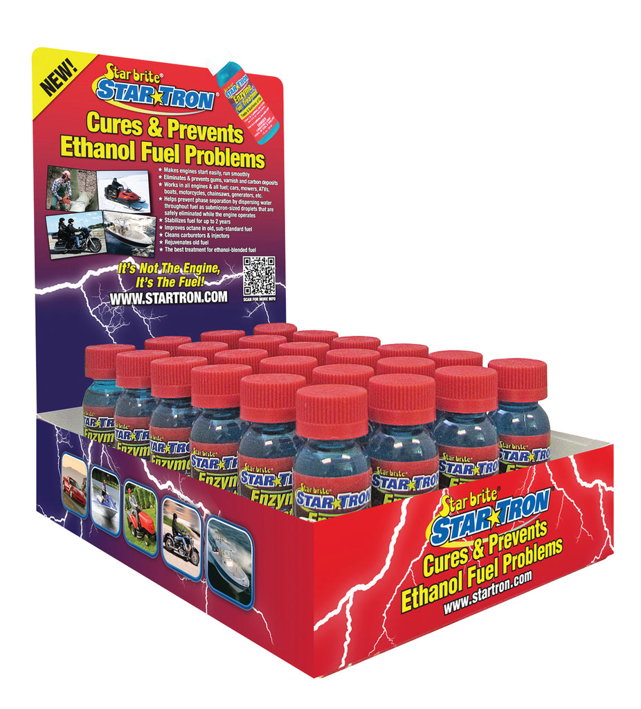 Star brite Enzyme Fuel Treatment 1oz bottles with counter display, 24-pack for marine fuel system cleaning and maintenance.