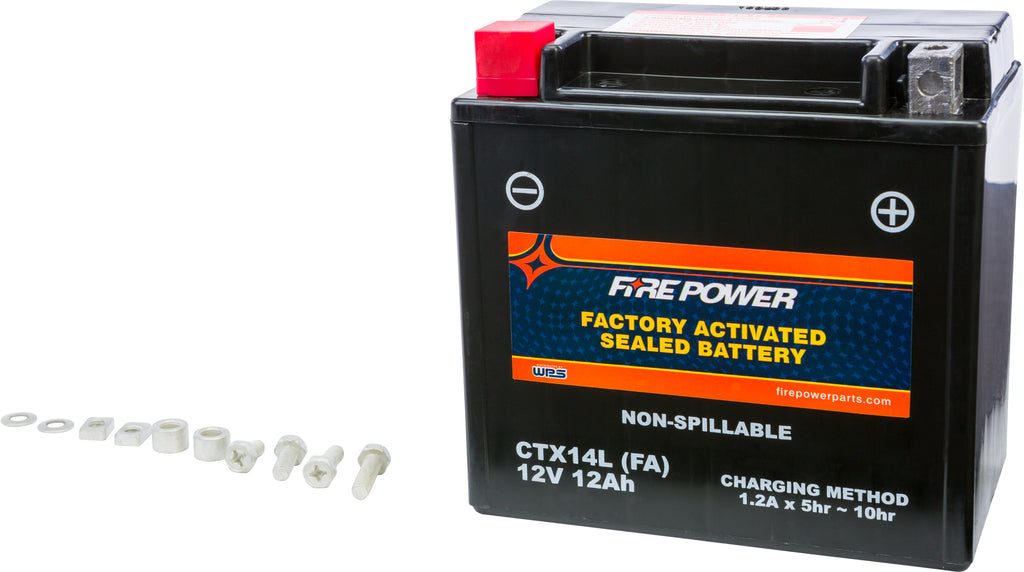 Fire Power Battery Ctx14l sealed factory activated battery with positive and negative terminals visible for automotive use.