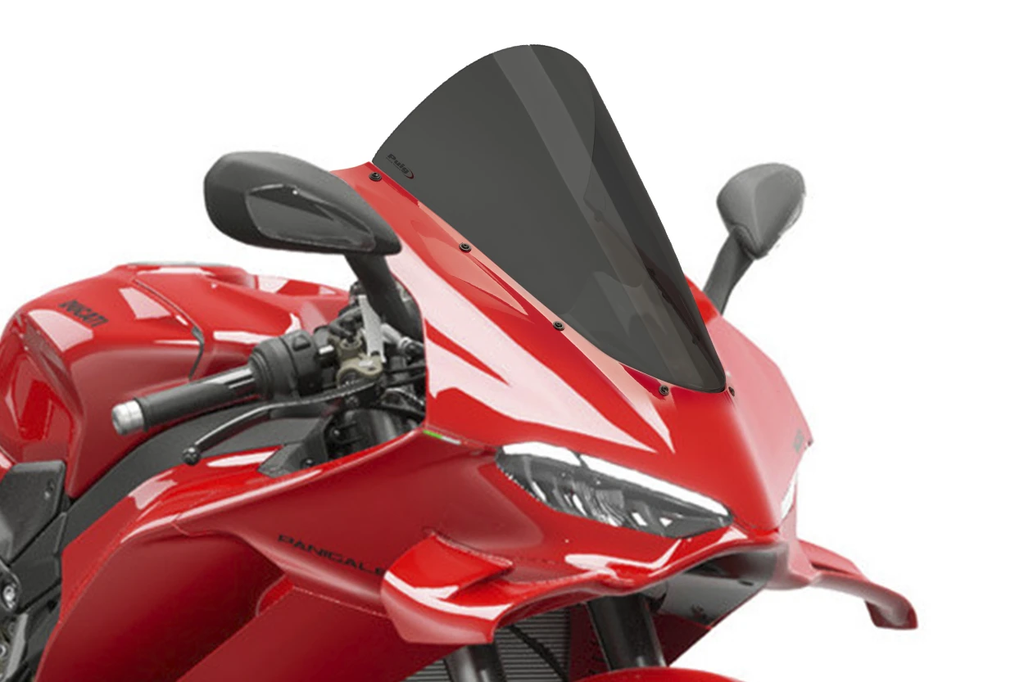 PUIG Windscreen R-Racer Ducati motorcycle, clear windshield with aerodynamic design, mounted on bike for improved airflow and rider comfort