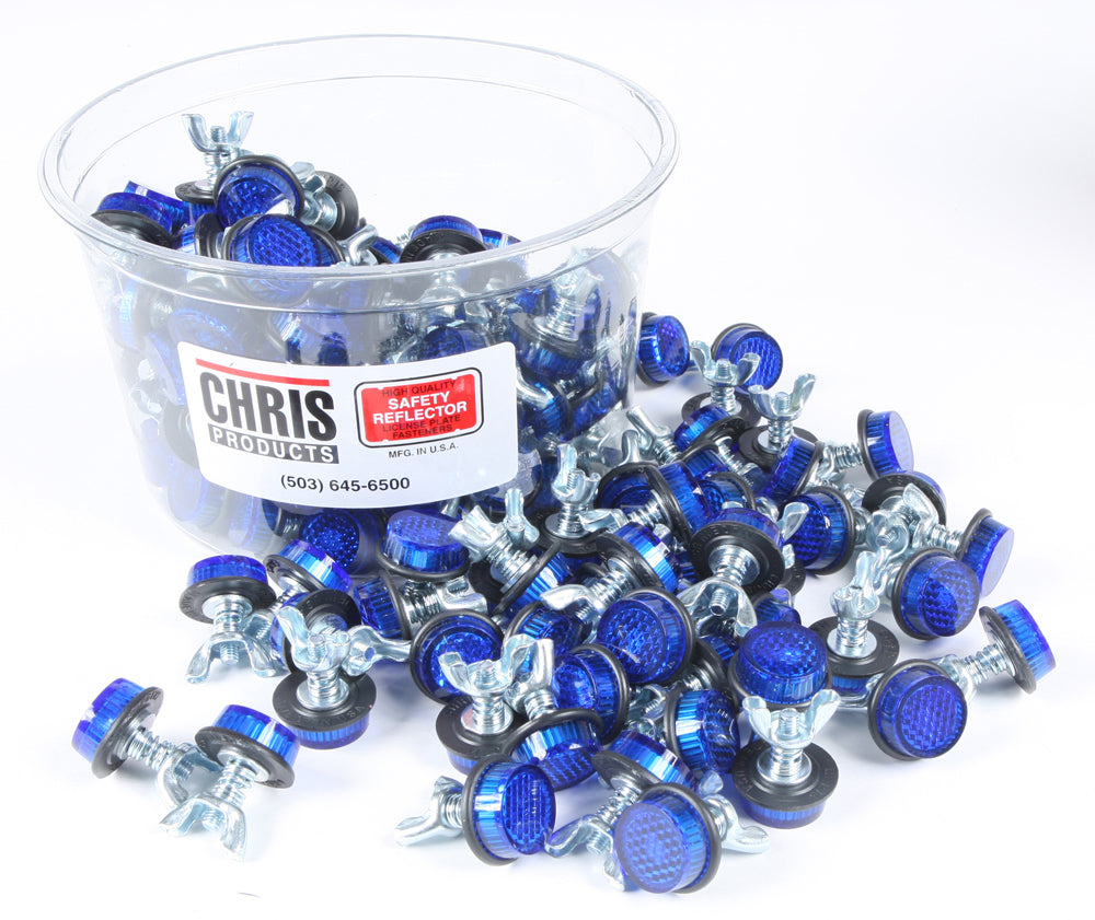 Blue mini-reflectors from Chris Products, accessories pack with 150 pieces, used for enhancing lighting in photography or videography.
