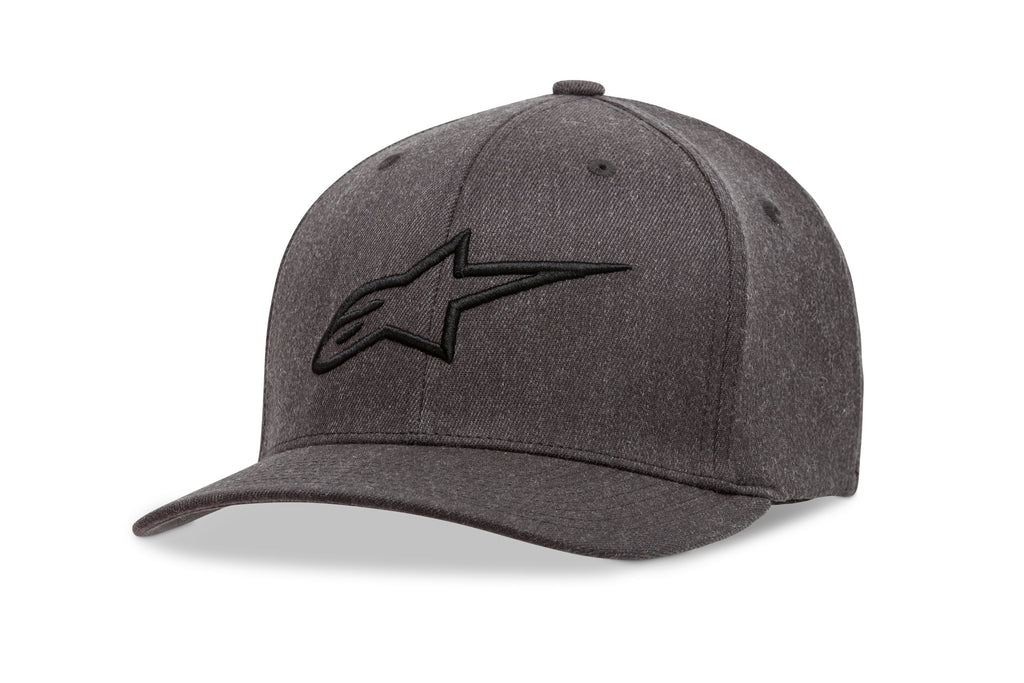 Alpine Star Curve Hat in charcoal and black, small/medium size, featuring a curved brim and adjustable strap.