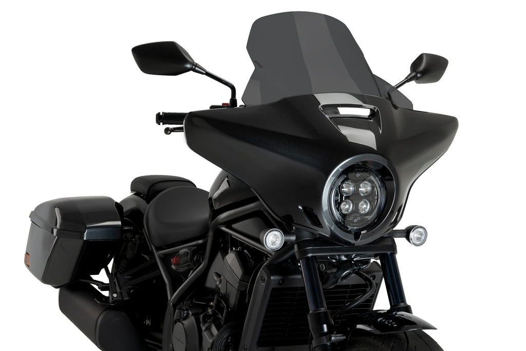 PUIG touring high-road dark smoke windshield for motorcycle, featuring sleek tinted windscreen with aerodynamic design.