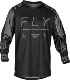 Fly Racing F-16 Jersey in black and charcoal, featuring a lightweight, breathable fabric with bold graphics and a comfortable fit.