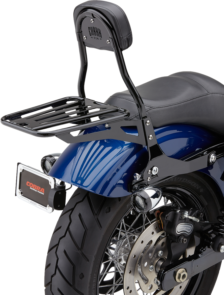 Cobra detachable black round backrest for Dyna motorcycles, model 06-17, with body mounting features, in a close-up view