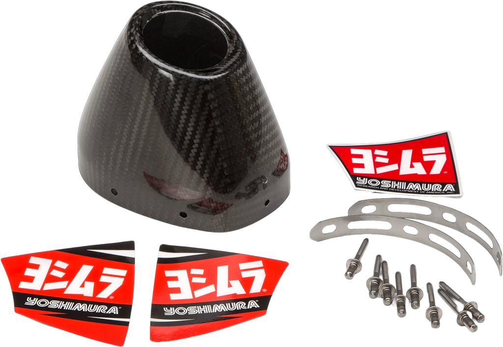 Yoshimura RS4 CF exhaust end cap cover kit showing sleek carbon fiber finish and precise fit for motorcycle exhaust system.