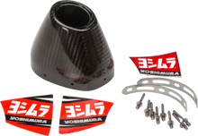 Load image into Gallery viewer, Yoshimura RS4 CF exhaust end cap cover kit showing sleek carbon fiber finish and precise fit for motorcycle exhaust system.