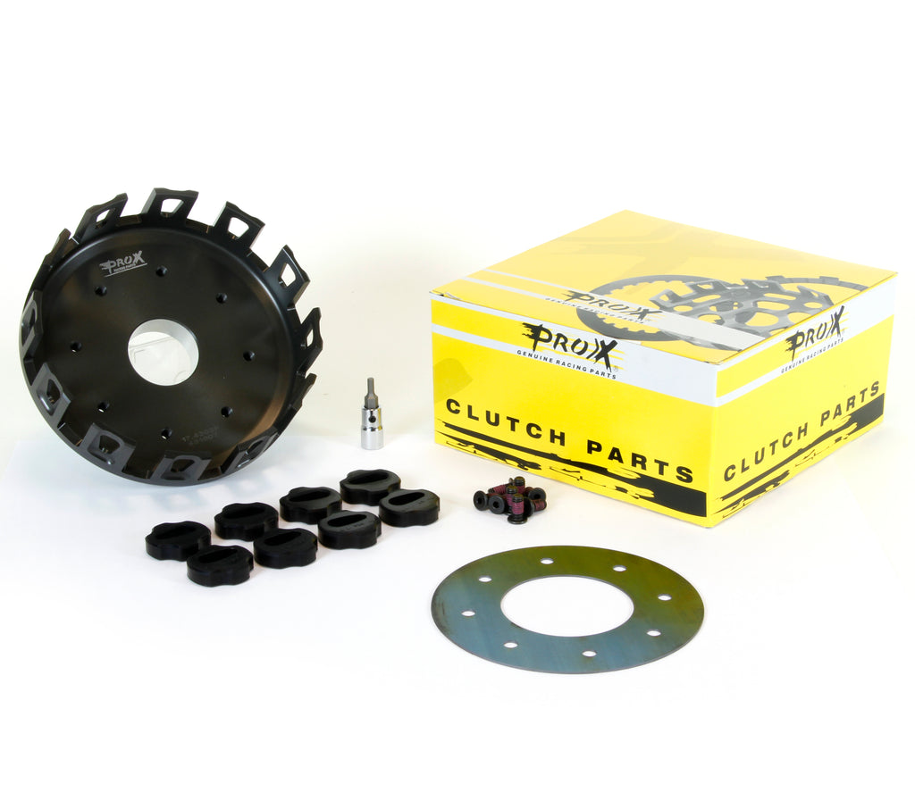 ProX Racing Parts clutch basket for Kawasaki models, showing detailed metal construction and mounting points.