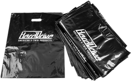 HardDrive merchandise bags measuring 15x18 inches, promotional packaging, 250 bags per box, durable and lightweight for retail use.