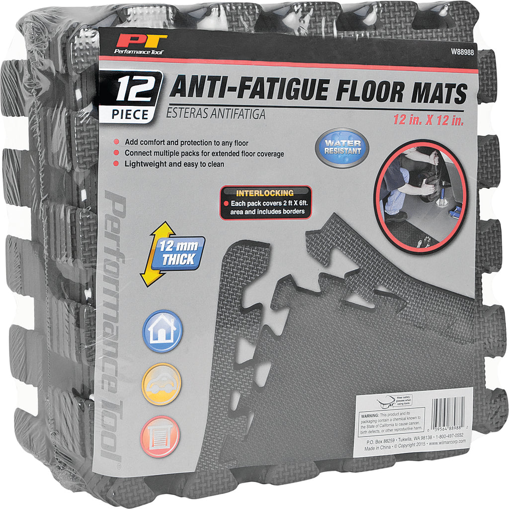 Set of 12 PERFORMANCE TOOL shop floor mats, durable rubber tools to protect and organize workshop floors.