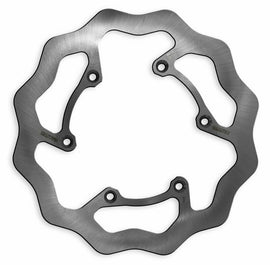 GALFER Wave Rear Brake Rotor 17-4417 with wave design, steel construction, mounted on a motorcycle wheel for enhanced braking performance