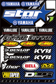 DCOR Star Yamaha decal sheet with various graphics and stickers for Yamaha motorcycles, featuring bold star designs and branding.