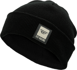 Black Fly Racing Fly Andy beanie hat with Fly Racing logo, knit fabric, and casual style shown in the image.