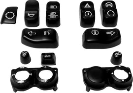 Black HardDrive switch cap kit for 2016-2025 Harley FLHT/FLT models, includes replacement caps for electronic switch controls.