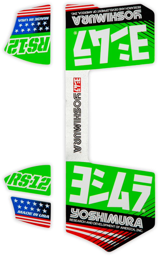Green Yoshimura Rs12 Muffler Decals with Yoshimura branding and graphics for motorcycle exhaust customization.