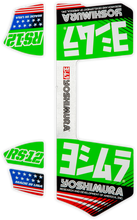 Load image into Gallery viewer, Green Yoshimura Rs12 Muffler Decals with Yoshimura branding and graphics for motorcycle exhaust customization.