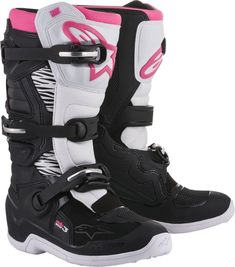 Alpine Star Tech 3 Stella motorcycle boots in black, white, and pink, size 9, featuring protective design and sporty style.