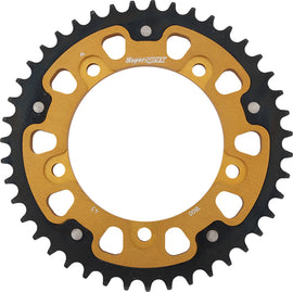 Supersprox rear stealth aluminum and steel 43-tooth motorcycle sprocket for on-road bikes, gold finish with detailed teeth design.