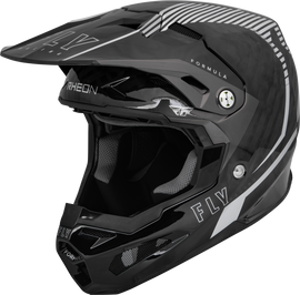 Fly Racing Formula Carbon Tracer helmet in silver and black, XL size, featuring aerodynamic design and ventilation for motocross riding.