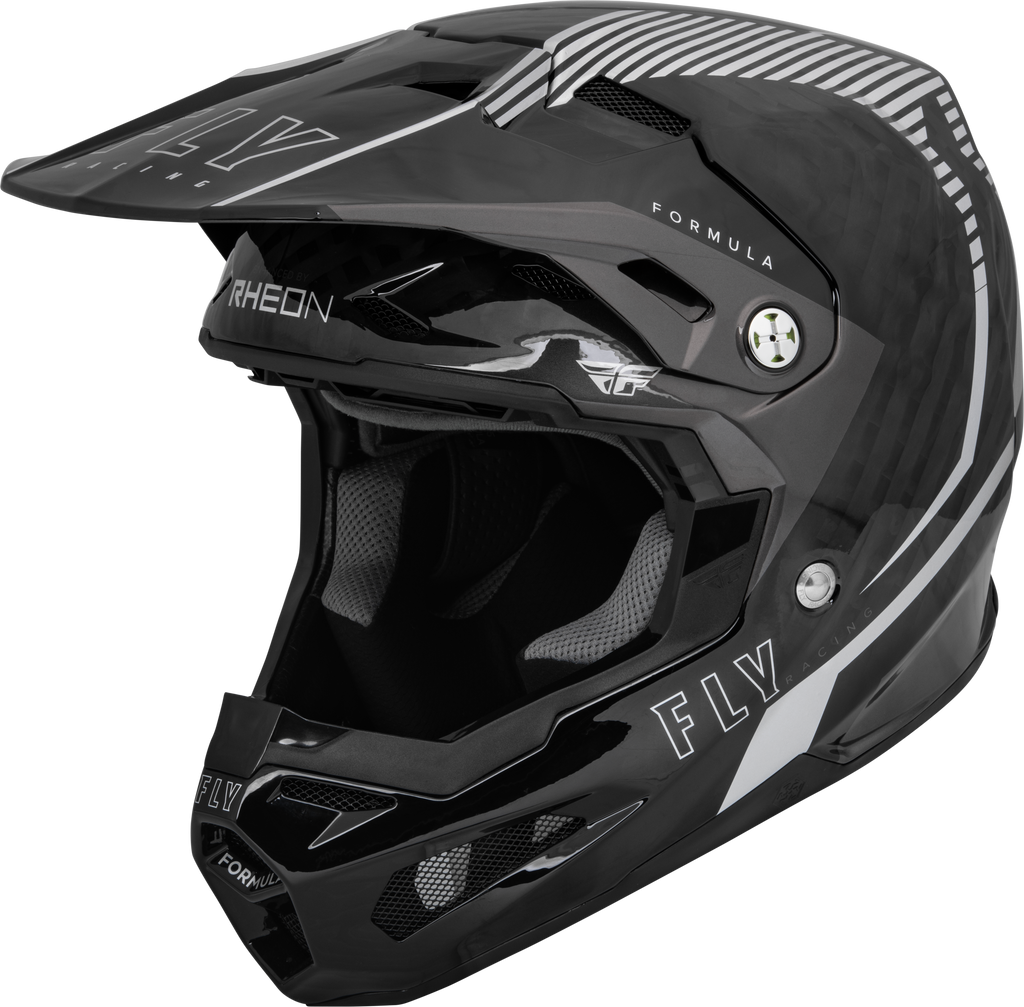 Fly Racing Formula Carbon Tracer helmet in silver and black, large size, with aerodynamic design and secure chin strap.
