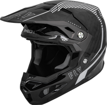 Load image into Gallery viewer, Fly Racing Formula Carbon Tracer helmet in silver and black, large size, with aerodynamic design and secure chin strap.