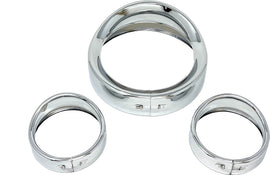 Letric Lighting Co 7-inch chrome head and pass lights with frenched visor kit for vintage motorcycle or car lighting setup.