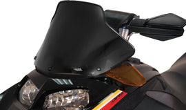 Powermadd Cobra windshield with mid matte black finish and 11-inch S-D Rev hood-mounted flyscreen on a motorcycle.