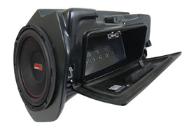 SSV Works 10-inch SSV subwoofer inside a glovebox for audio enhancement, shown mounted with wiring visible.