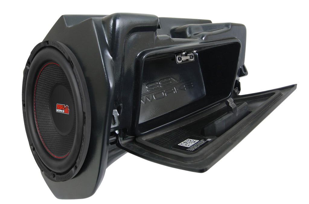 SSV Works 10-inch SSV subwoofer inside a glovebox, showcasing compact audio installation with black grille and wiring connections.