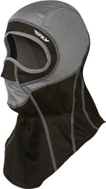 Fly Racing Ignitor balaclava in grey and black, size large/x-large, close-up view showing breathable fabric and snug fit design.