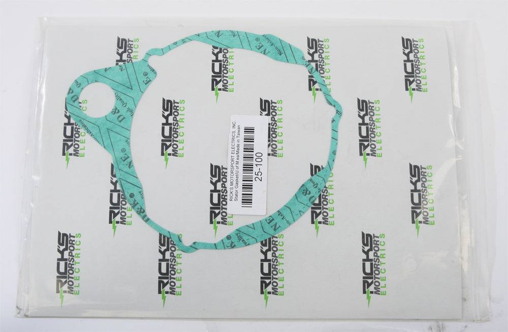 Ricks Motorsport Electric stator cover gasket for motorcycle engine, showing the gasket material and shape for sealing purposes.
