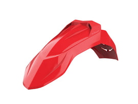 Red Polisport Plastics universal front fender for bikes, featuring durable plastic construction and a sleek design.