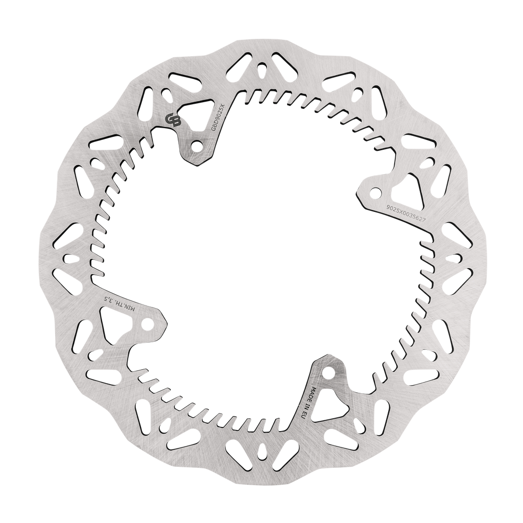 GBRAKES standard size rear wave rotor 17-D9025X for brakes, shown with vented design and mounting holes in metallic finish.