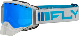 Fly Racing Zone snow goggles in silver and blue with sky blue mirror lenses, designed for winter sports and snowboarding.