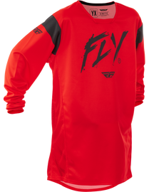 Fly Racing Youth Kinetic Stoke Jersey in red and black, lightweight motocross jersey with bold design and breathable fabric.