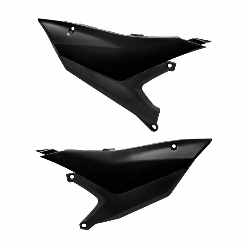 Black Polisport Plastics off-road side number plates with mounting holes, designed for durability and easy installation.