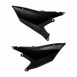 Black Polisport Plastics off-road side number plates with mounting holes, designed for durability and easy installation.