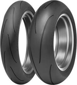 Dunlop Sportmax Q5 rear motorcycle tire 180/55ZR17 with 73W load and speed rating, showing tread pattern and sidewall details.