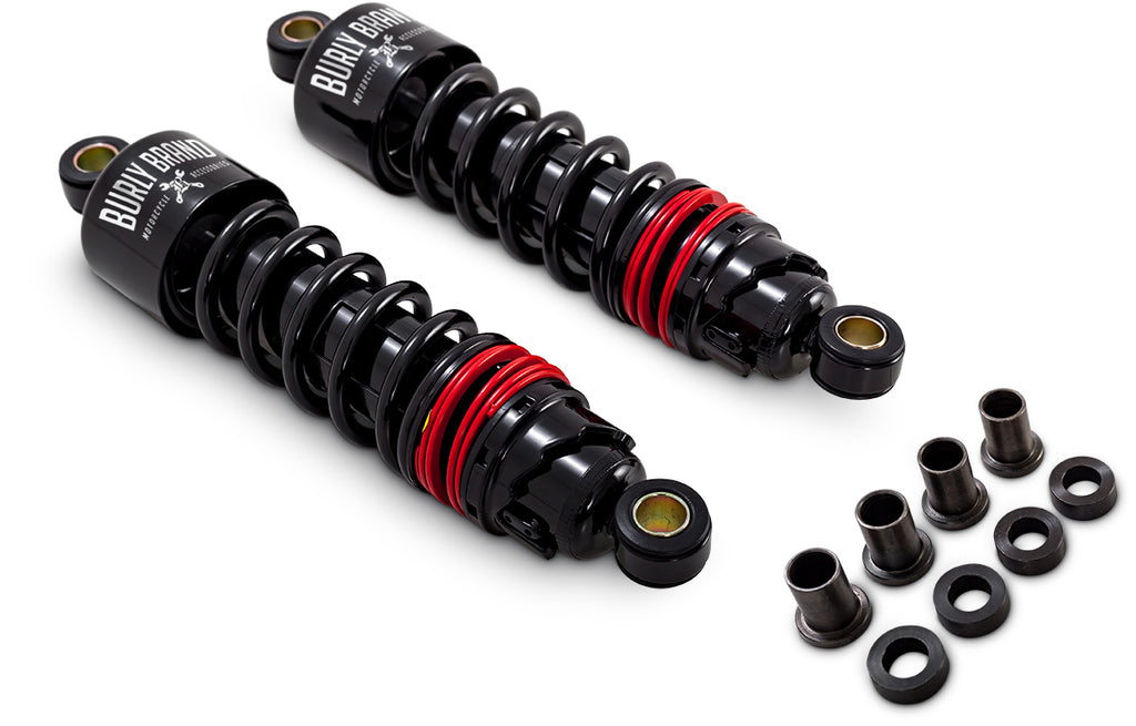 Black Burly Brand Slammer Plus Shocks, 11.5-inch suspension for XL bikes, durable motorcycle shock absorbers.