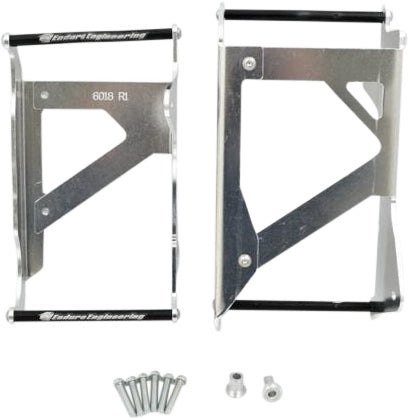 Enduro Engineering radiator braces guards for motorcycle radiators, showing black metal protective braces on a bike radiator.