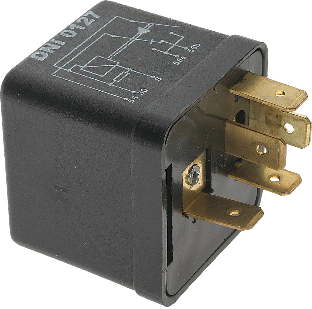 SMP relay control switch for high-low beam headlights, featuring a compact black switch with wiring connection terminals.