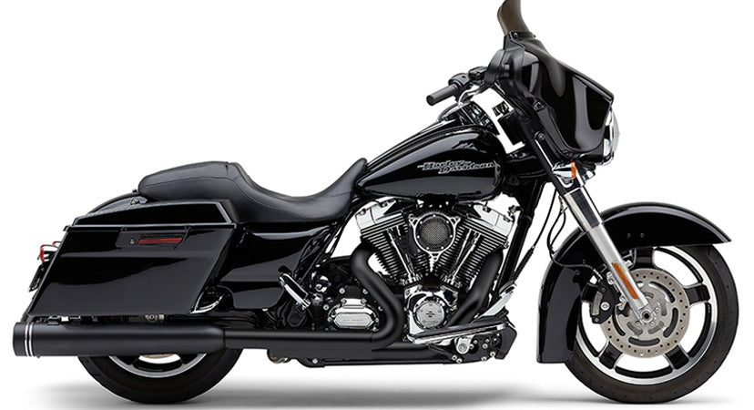 Cobra 4.5-inch black slip-on exhaust with groove tip for Harley Flh/Flt 95-16 models, showing the sleek exhaust pipe.