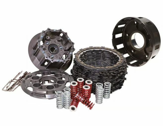 Rekluse Apex Clutch Kit with Basket for M8 motorcycles, includes clutch components, in metallic finish with detailed parts.