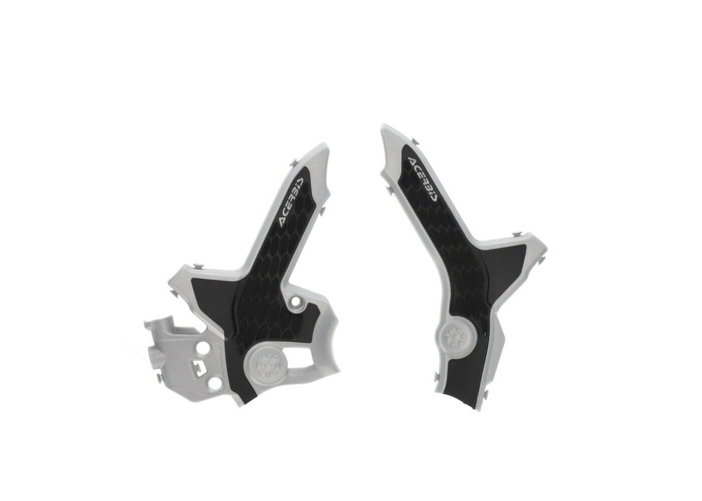 Acerbis X-Grip Grey and Black frame guard mounted on motorcycle frame, providing protection and a rugged look.